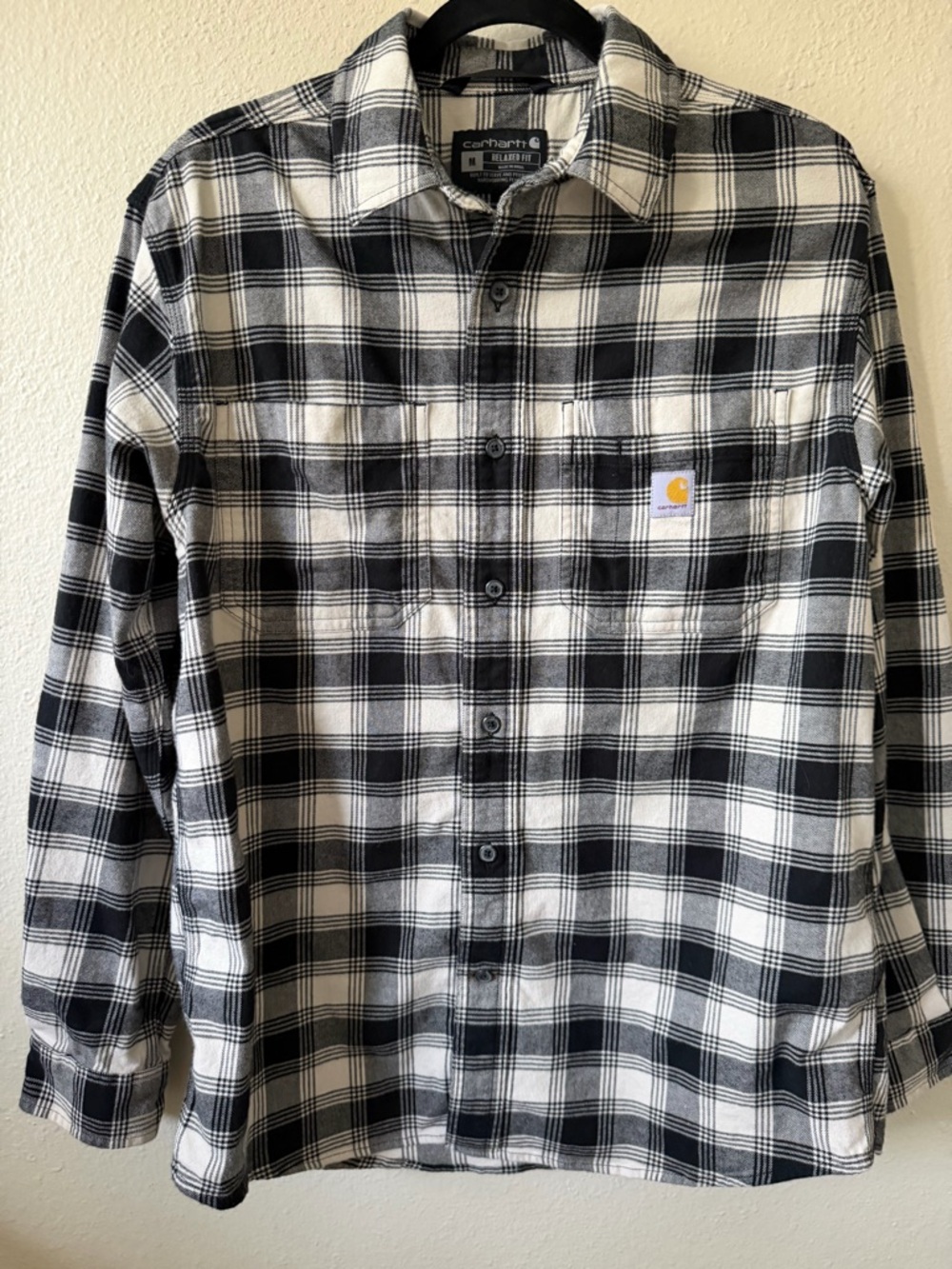 Carhartt Relaxed Fit Flannel Shirt Men's M Black White Plaid Rugged Flex